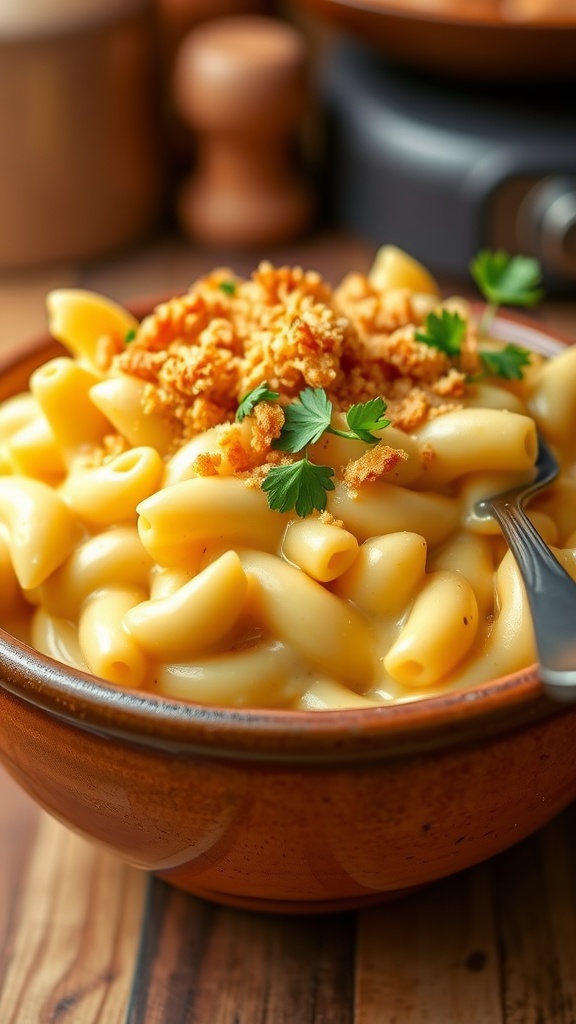 A bowl of four cheese macaroni and cheese with breadcrumbs and parsley, served with a fork in a cozy kitchen.